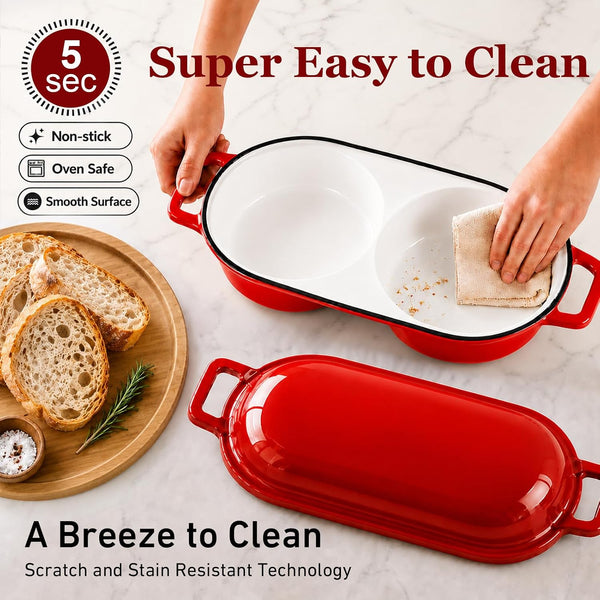 Double Dutch Oven for Sourdough Bread Baking,2.2Qt Enameled Cast Iron Dutch Oven Pot with Lid,500°F Oven Safe Non Stick Bread Loaf Pan,Sourdough Baking Pan for Homemade Baking（Red）6