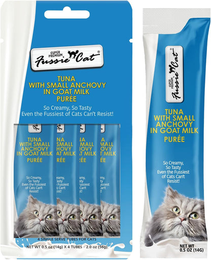 Fussie Cat Premium Tuna with Salmon in Goat Milk Puree, Lickable Cat Treats, 0.5Oz Pouch Pack of 49