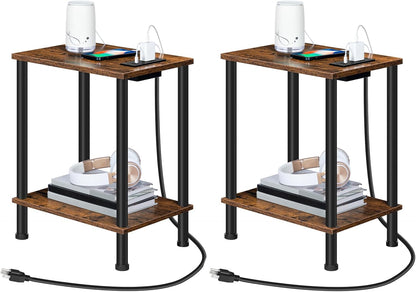 Side Table with Charging Station, Set of 2 End Tables with USB Port and Outlets, Nightstand with 2-Layer Storage Shelves for Small Spaces, Living Room, Bedroom, Rustic Brown BF09UBZP2011
