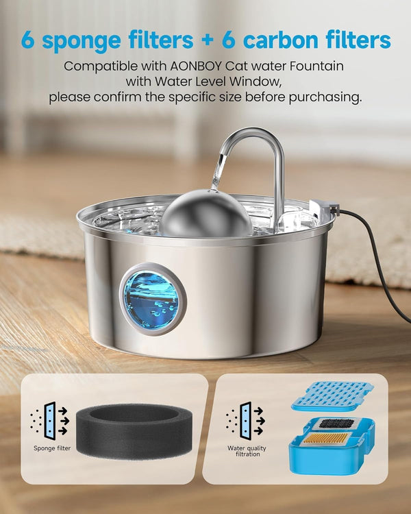 AONBOY Cat Water Fountain Filters, 12 Filters + 12 Cat Fountain Sponge, Suitable for AONBOY Pet Fountain S3-SC, Multiple Filtration, Isolates Floating Hairs and Gets Rid of Odors2