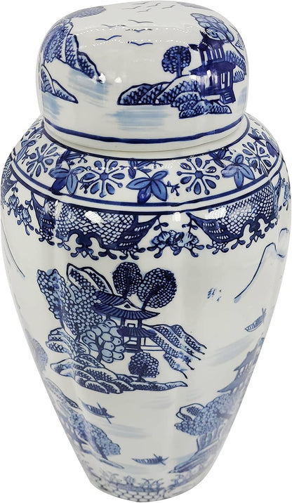 16" Blue and White Urn Style Ceramic Porcelain Ginger Jar Classic Temple Landscape Design Home Decor3