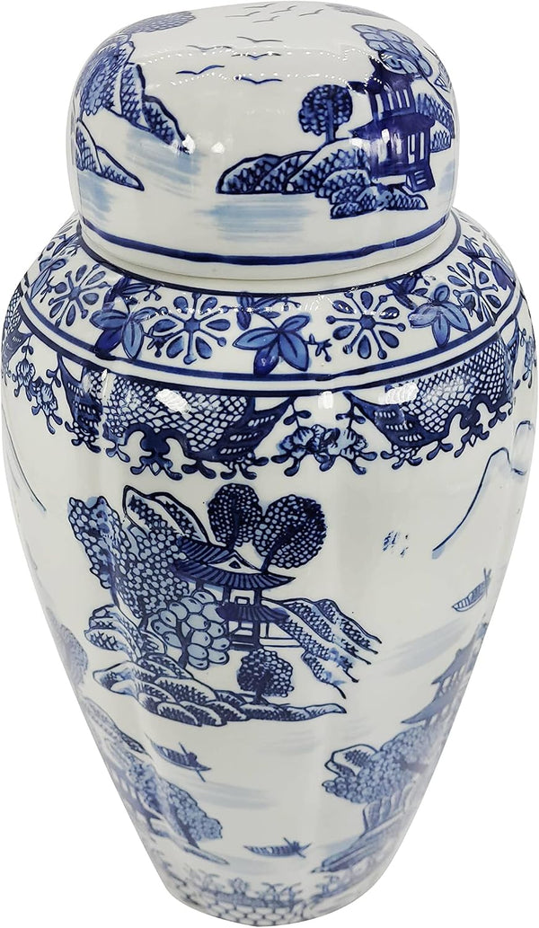 16" Blue and White Urn Style Ceramic Porcelain Ginger Jar Classic Temple Landscape Design Home Decor3