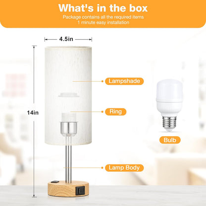 Bedside Table Lamp for Bedroom - Dimmable Touch, USB A+C, AC Outlet | 3-Way Dimmable, LED Bulb Included, Fabric Lampshade, Wood-Grain Metal Base, 14" Small Nightstand Lamp for Desk, Living Room5