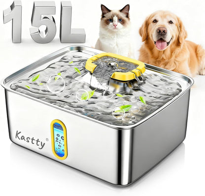 Kastty 4 Gal/15L Stainless Steel Dog Water Fountain for Large Dogs | Dog Water Bowl Dispenser Triple Filtration,Ultra Quiet Automatic Pet Water Fountain with Water Level Window&Led Light(Fs76)10