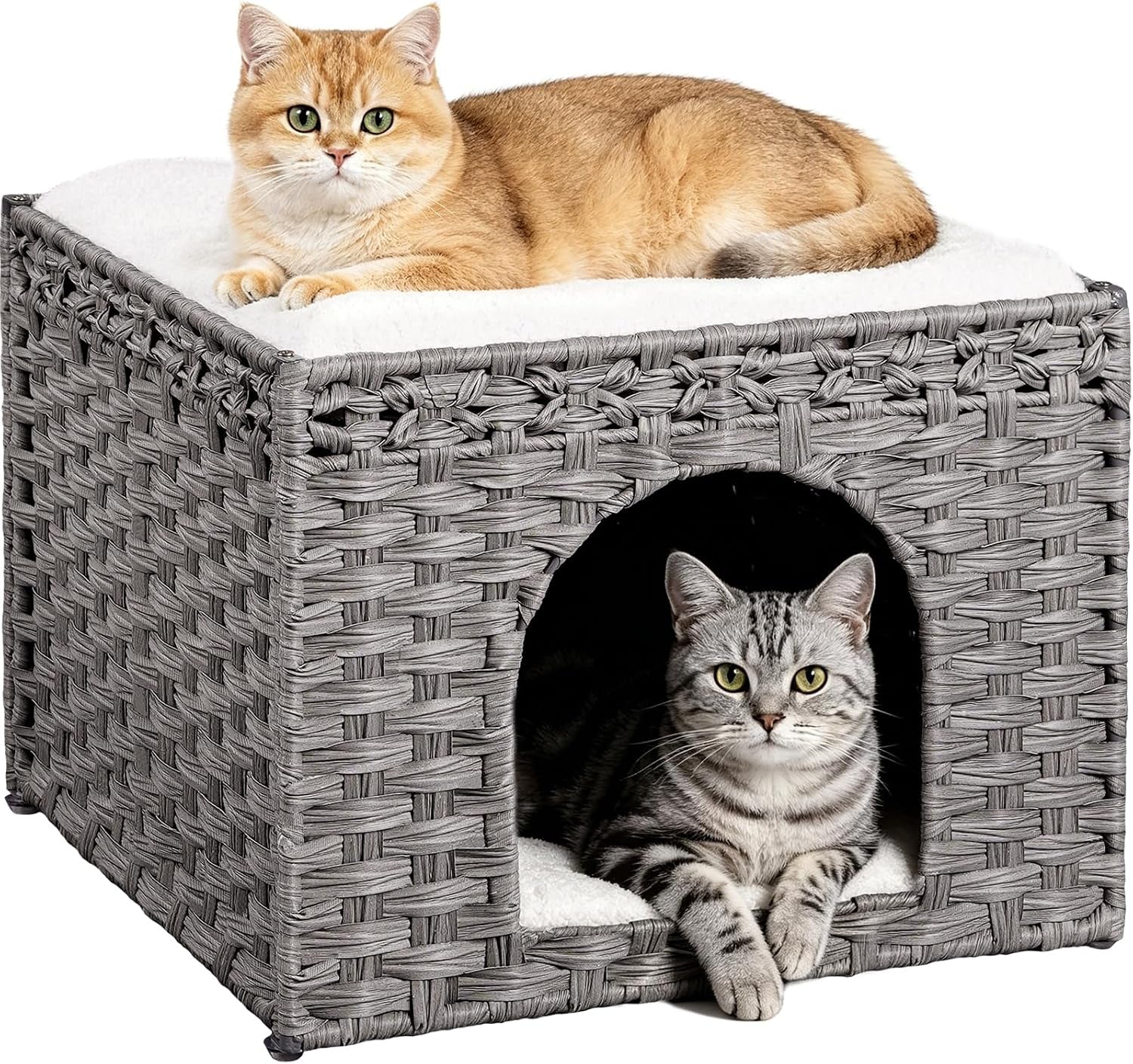 snughome-handwoven-rattan-cat-house-indoor-foldable-cat-bed-cave-with-2-removable-bed-mats-large-kitten-house-hideaway-pet-cube-16-54-x-16-54-x-12-6-inches-grey-for-living-room-bedroom