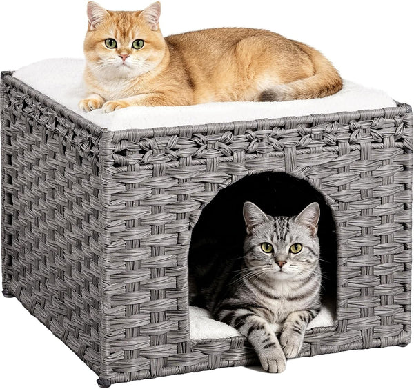 Snughome Handwoven Rattan Cat House - Indoor Foldable Cat Bed Cave with 2 Removable Bed Mats, Large Kitten House, Hideaway Pet Cube, 16.54 X 16.54 X 12.6 Inches, Grey, for Living Room & Bedroom1