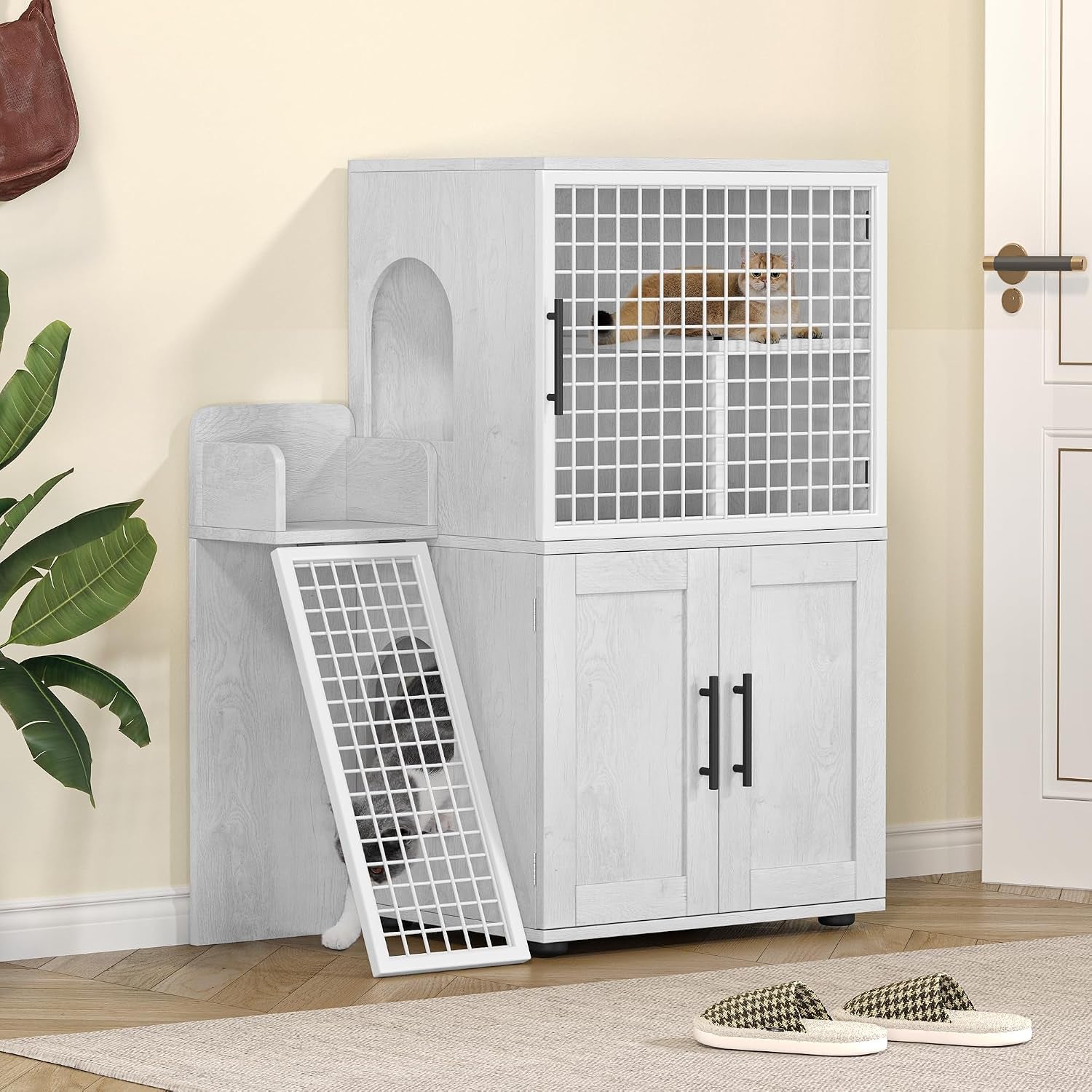 idealhouse-modern-cat-litter-box-enclosure-with-platform-double-layer-hidden-litter-box-indoor-washroom-villa-cat-house-with-ladder-33-5-l-x-17-9-w-x-41-9-h-dark-grey