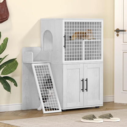IDEALHOUSE Modern Cat Litter Box Enclosure with Platform, Double Layer Hidden Litter Box, Indoor Washroom, Villa Cat House with Ladder, 33.5" L X 17.9" W X 41.9" H,Dark Grey9