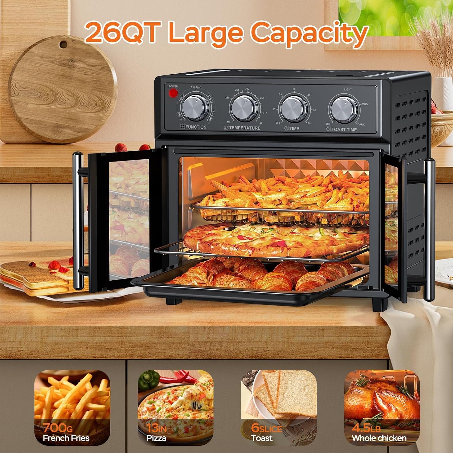 26qt-air-fryer-toaster-oven-combo-french-doors-7-preset-menus-1700w-stainless-steel-convection-countertop-oven-for-bake-roast-grill-toast-dehydrate-defrost-easy-to-clean-black