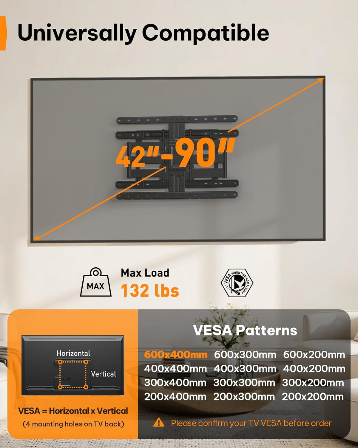 ultra-slim-tv-wall-mount-1-1-low-profile-for-42-90-tvs-fits-16-24-studs-full-motion-tv-mount-wall-bracket-with-dual-articulating-arms-swivel-tilt-max-vesa-600x400mm-holds-132lbs
