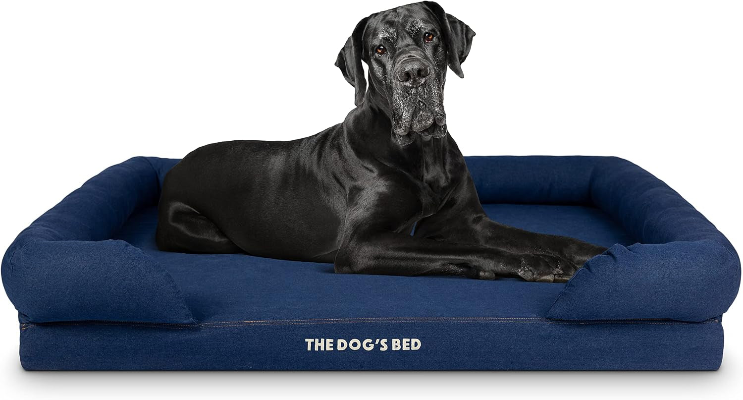 the-dog-s-bed-orthopedic-memory-foam-dog-bed-with-bolsters-for-large-dogs-high-density-support-mattress-low-front-entry-removable-washable-cover-oxford-fabric-blue-with-dark-red-trim-large
