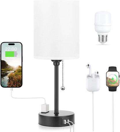 Bedside Table Lamp for Bedroom - Small Desk Lamp with USB Ports | USB A+C Ports, AC Outlet, 3 Color Temperatures, LED Bulb Included, White Fabric Shade, Black Metal Base, 14" Nightstand Lamp7