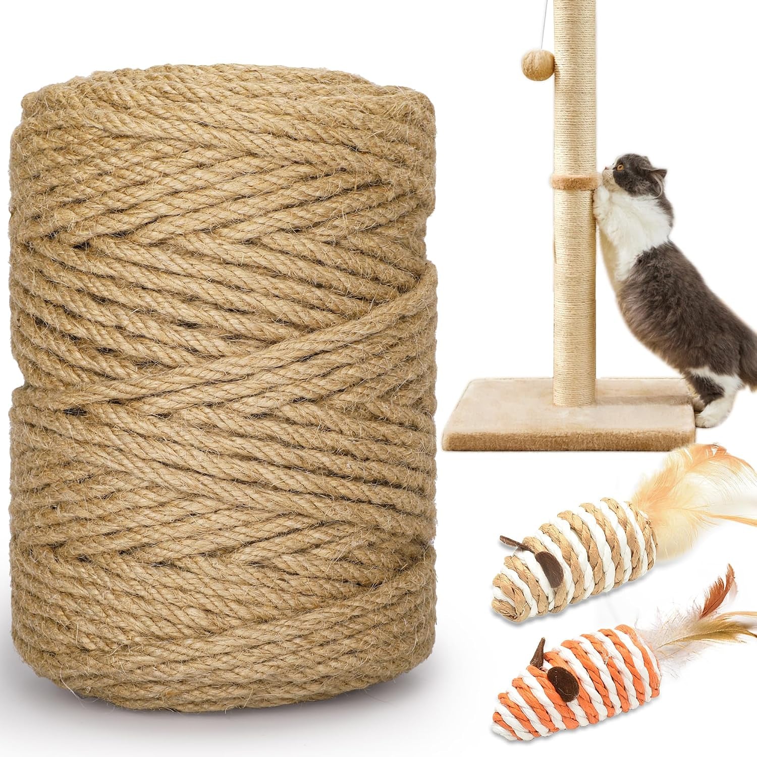 328ft-1-4-inch-cat-scratching-sisal-rope-for-cat-trees-posts-thick-white-jute-rope-with-2-cat-mouse-toys-for-scratch-posts-cat-towers-diy-projects