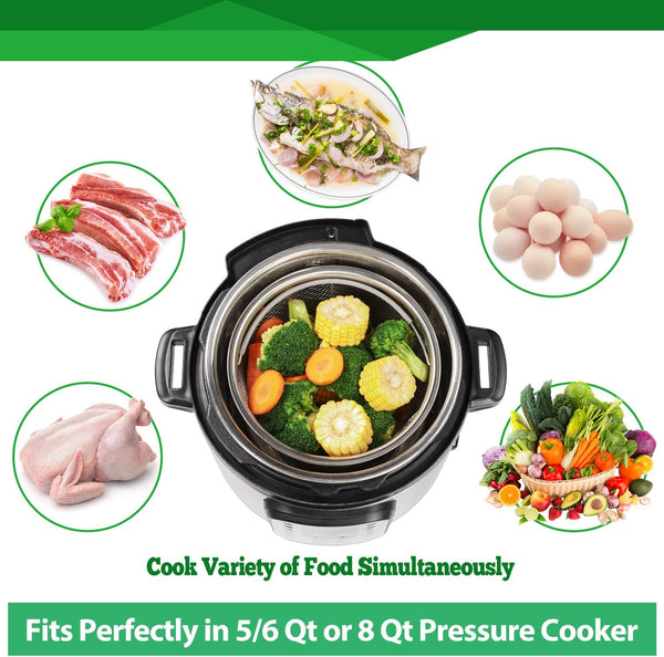 Steamer Basket for Instant Pot Accessories 6 Qt or 8 Quart - 2 Tier Stackable 18/8 Stainless Steel Mesh - Silicone Handle - Vegetable Steamer Insert, Egg Basket, Pasta Strainer,Silver3