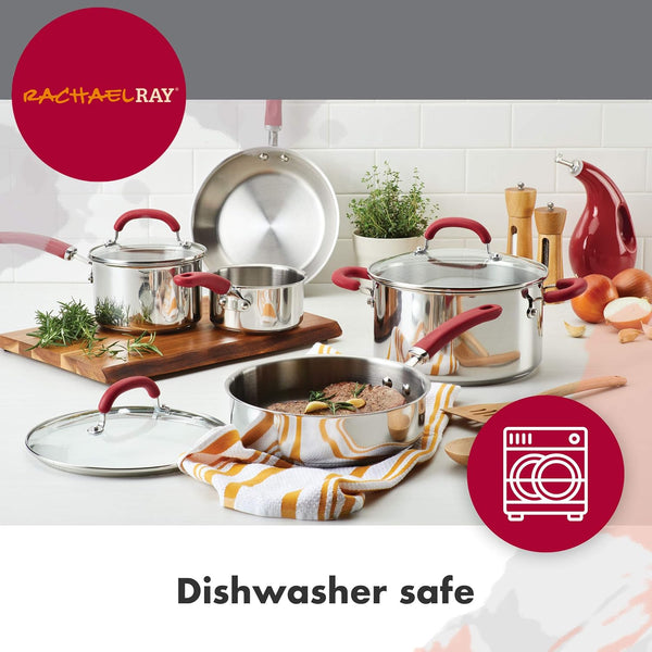 Create Delicious Stainless Steel Cookware Set, 10-Piece Pots and Pans Set, Stainless Steel with Red Handles6