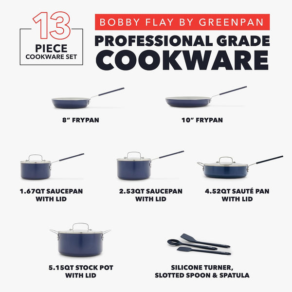 X Bobby Flay 13 Piece Nonstick Cookware Pots and Pans Set, Pfas-Free Diamond Ceramic, Induction Suitable, Easy Clean Dishwasher & Oven Safe, Stay-Cool Silicone Handles, Glass Lids, Navy Blue3