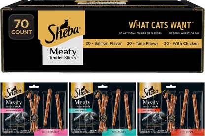 Sheba Meaty Tender Sticks Cat Treats, Chicken, Salmon, & Tuna, 70 Count | Chicken, Tuna & Salmon Flavor, Real Meat, Healthy Fats & Fatty Acids, Essential Amino Acids, Soft Texture, No Artificial Dyes1