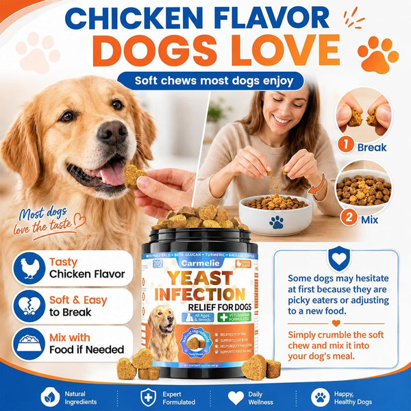 Yeast Infection Treatment for Dogs, 200 Chew Carmelie Yeast Balance Healthy Itch Relief, Ear Paw Care for Dog, Allergy Supports, Inflammation Relief for Dogs, Chinken Flavor (70 Days Supply)5