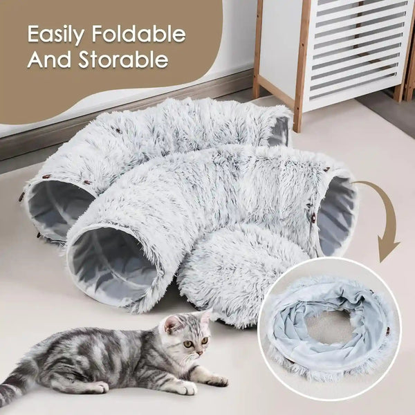 Baseola Fuzzy Cat Tunnel Bed for Indoor Cats, 2-In-1 Interactive Cat Toys | Peekaboo Cat Cave with Washable Mat, Collapsible Cat Play Tunnel for Kittens & Small Pets, Plush Cat Donut Bed Tunnel, Grey8