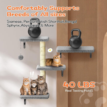 Cat Wall Shelves for Large Cats, Stable & Safe Kitty Walls Furniture Set for 40LBS Cats with Wooden Cat Climber,House, Bridge, Tree, Steps, and Scratcher for 16 Inch Drywall (Grey, 5-In-1)6