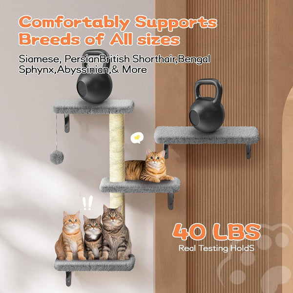 Cat Wall Shelves for Large Cats, Stable & Safe Kitty Walls Furniture Set for 40LBS Cats with Wooden Cat Climber,House, Bridge, Tree, Steps, and Scratcher for 16 Inch Drywall (Grey, 5-In-1)6