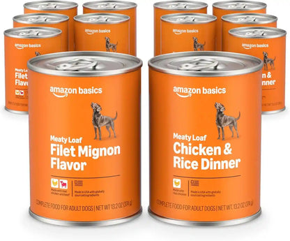 Amazon Basics Wet Dog Food Meaty Loaf Variety Pack, Filet Mignon Flavor and Chicken & Rice Dinner, Made with Real Chicken and Beef, 13.2 Oz Can, (6 Cans of Each Flavor, 12 Cans in Total)1