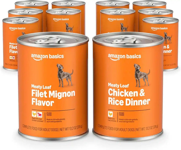 Amazon Basics Wet Dog Food Meaty Loaf Variety Pack, Filet Mignon Flavor and Chicken & Rice Dinner, Made with Real Chicken and Beef, 13.2 Oz Can, (6 Cans of Each Flavor, 12 Cans in Total)1
