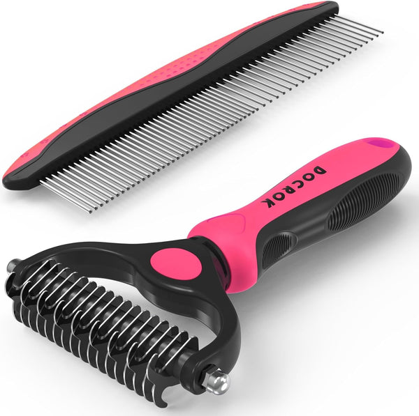 Docrok Pet Grooming Combo - Blue Deshedding Brush with Metal Comb for Detangling and Dematting Long, Matted Fur on Cats and Dogs10