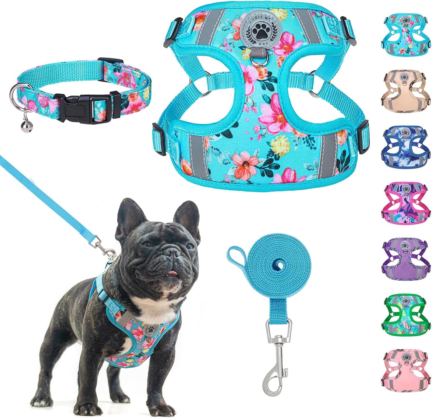 beautyzoo-dog-harness-collar-and-leash-set-no-pull-step-in-dog-harness-for-large-dogs-reflective-no-choke-puppy-vest-harness-adjustable-soft-padded-pet-vest-for-french-bulldog-dark-pink-l