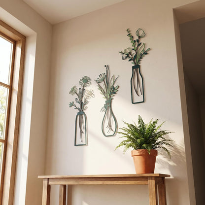 3Pcs Green Metal Flower Vase Wall Art Botanical Iron Farmhouse Decor | 3-Piece Green Metal Flower Vase Wall Art, Botanical Iron Wall Sculpture, Easy to Hang Farmhouse Decor for Living Room Bedroom4