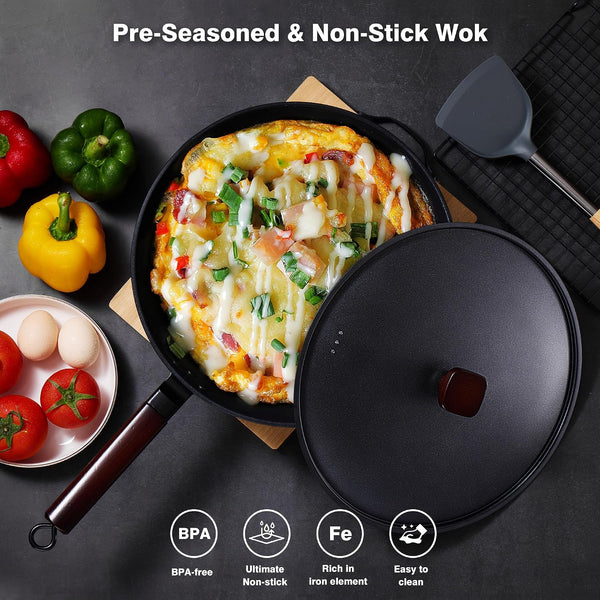 Carbon Steel Wok, 13" Woks & Stir-Fry Pans Nonstick with Lid | Pre-Seasoned Flat Bottom Chinese Wok, Wok Pan with Spatula and Dish Brush for Induction, Electric, Gas, All Stoves8