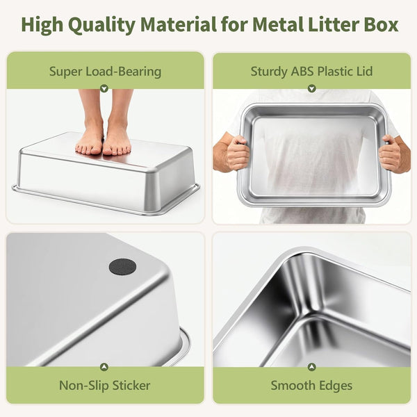 Gimars 2 Pack XL Stainless Steel Cat Litter Box for Big & Senior Cats, Multi-Cat Metal Litter Pan with High Sides, Odor-Resistant & Easy Clean, Includes Litter Scoop, Litter Mat & Anti-Slip Pads6