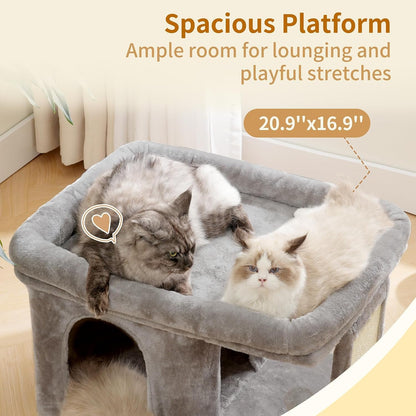Heybly Cat Tree, 14" Cat Tower with Large Cat Bed & Condo HCT203SW | Cat Furniture for Indoor Cats Large Adult, Cat House with Scratching Posts and Spring Balls for Kittens, Light Gray3