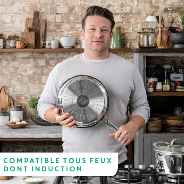 X Jamie Oliver Nonstick Coated Stainless Steel Pans 8", 9.5" & 11", Frypan Set Induction Compatible, Oven Safe up to 500°F, Chef'S Stainless Steel Skillet, Frying Pan, Silver | 3 Frying Pans 7.9/9.4/11 Inch, Titanium Non-Stick Coating, Suitable for Induction, Thermo-Signal, Riveted Handle6