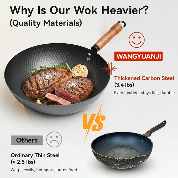 Carbon Steel Wok Pan with Lid, 12.6" Hammered Stir Fry Pan, Thickened Heavy Duty Flat Bottom Wok for Electric, Induction & Gas Stoves, Detachable Wood Handle, No Chemical Coating (Black)7