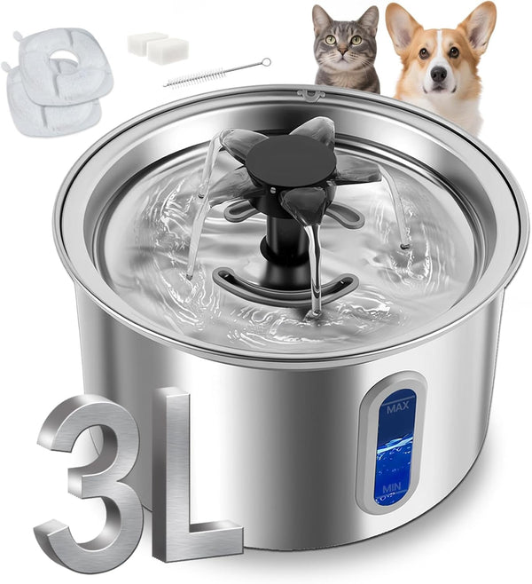 3L/101Oz Stainless Steel Cat Water Fountain for Indoor Use - Ultra Quiet Automatic Cat Fountain for Drinking, Bpa-Free Pet Water Dispenser for Cats/Small Dogs LED Window (2 Filters 2 Sponges)1