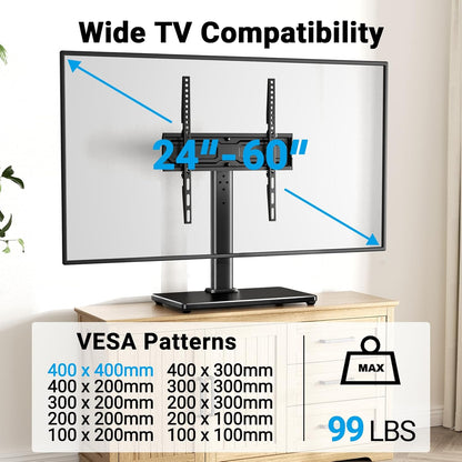 Universal Swivel TV Stand for 24-60 Inch Tvs up to 99 Lbs, 12 Height Adjustable Table Top TV Stand, TV Base Stand with Tempered Glass Base, Max VESA 400X400Mm, PSTVS332