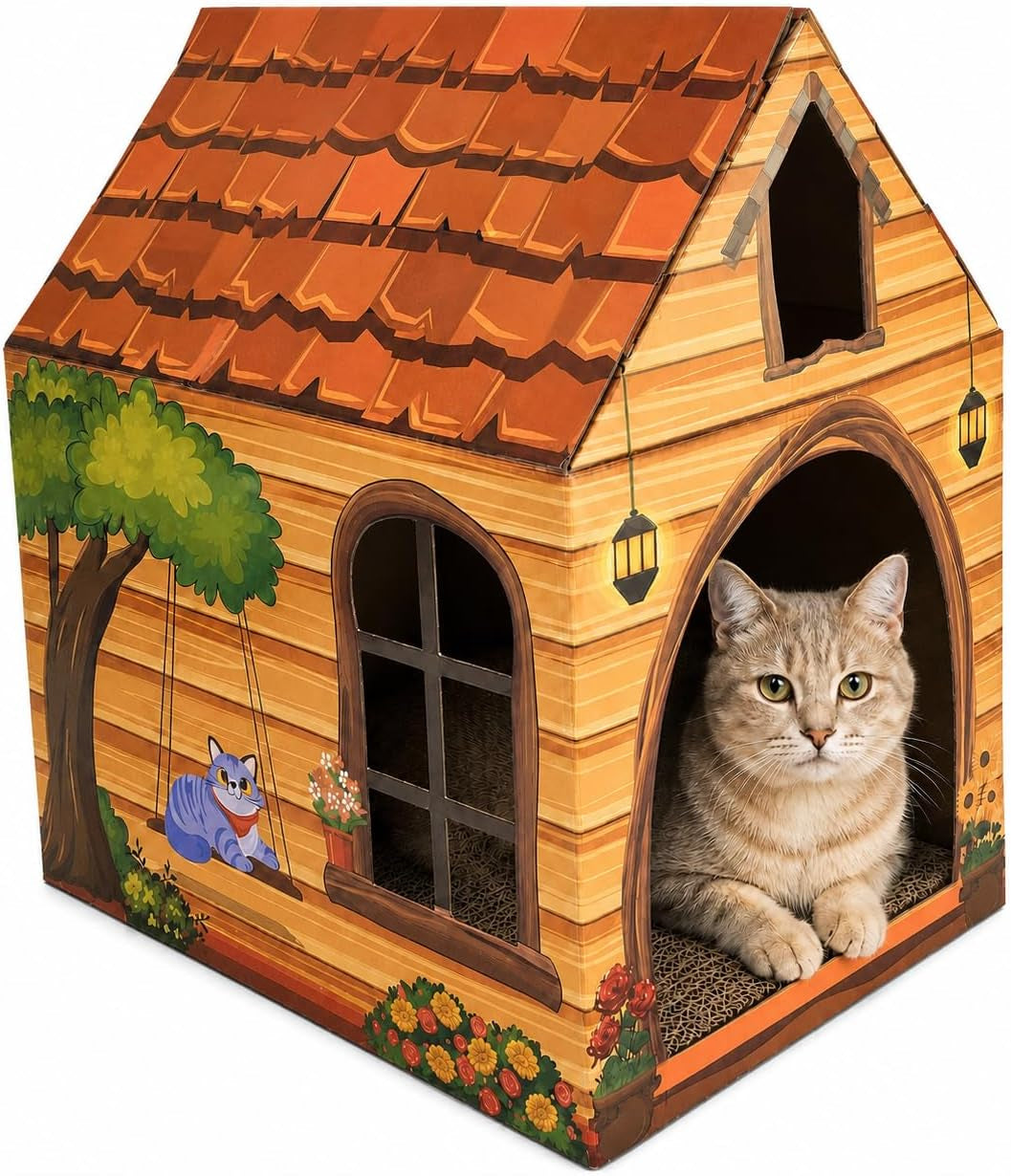 cinrobiye-cardboard-cat-house-with-scratcher-indoor-cat-condo-cat-cave-hideout-with-scratch-pad-cardboard-cat-playhouse-bed-for-cats-kittens-rabbits-small-pets-mushroom