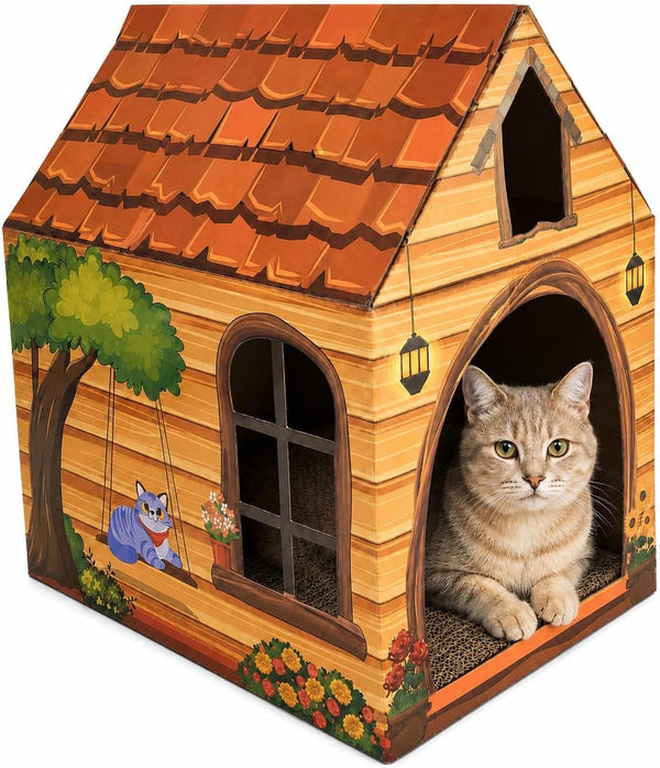 Cinrobiye Cardboard Cat House with Scratcher, Indoor Cat Condo Cat Cave Hideout with Scratch Pad, Cardboard Cat Playhouse Bed for Cats, Kittens, Rabbits & Small Pets (Mushroom)14