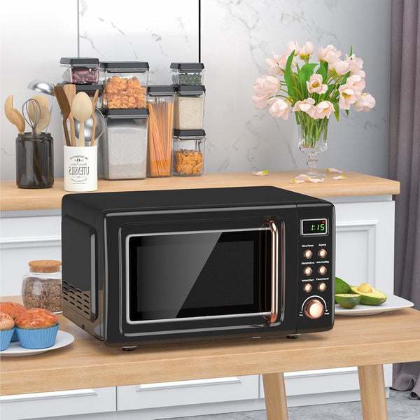0.7Cu.Ft Retro Small Microwave Oven, 700W Compact Countertop Microwave with 5 Power Levels, Auto Cooking Menus, Glass Turntable, Child Lock & Glass Turntable for Apartment, Dorm (Golden)9