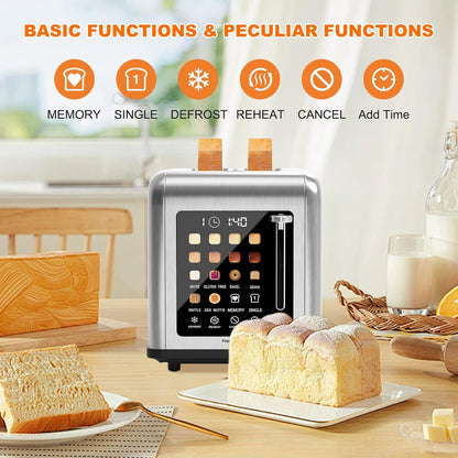 2 Slice Toaster Touch Screen, Stainless Steel Toasters Digital Timer 2 Slot Toasters, 8 Shade Settings 6 Bread Types for Bagel, Cancel, Defrost（Silver）7