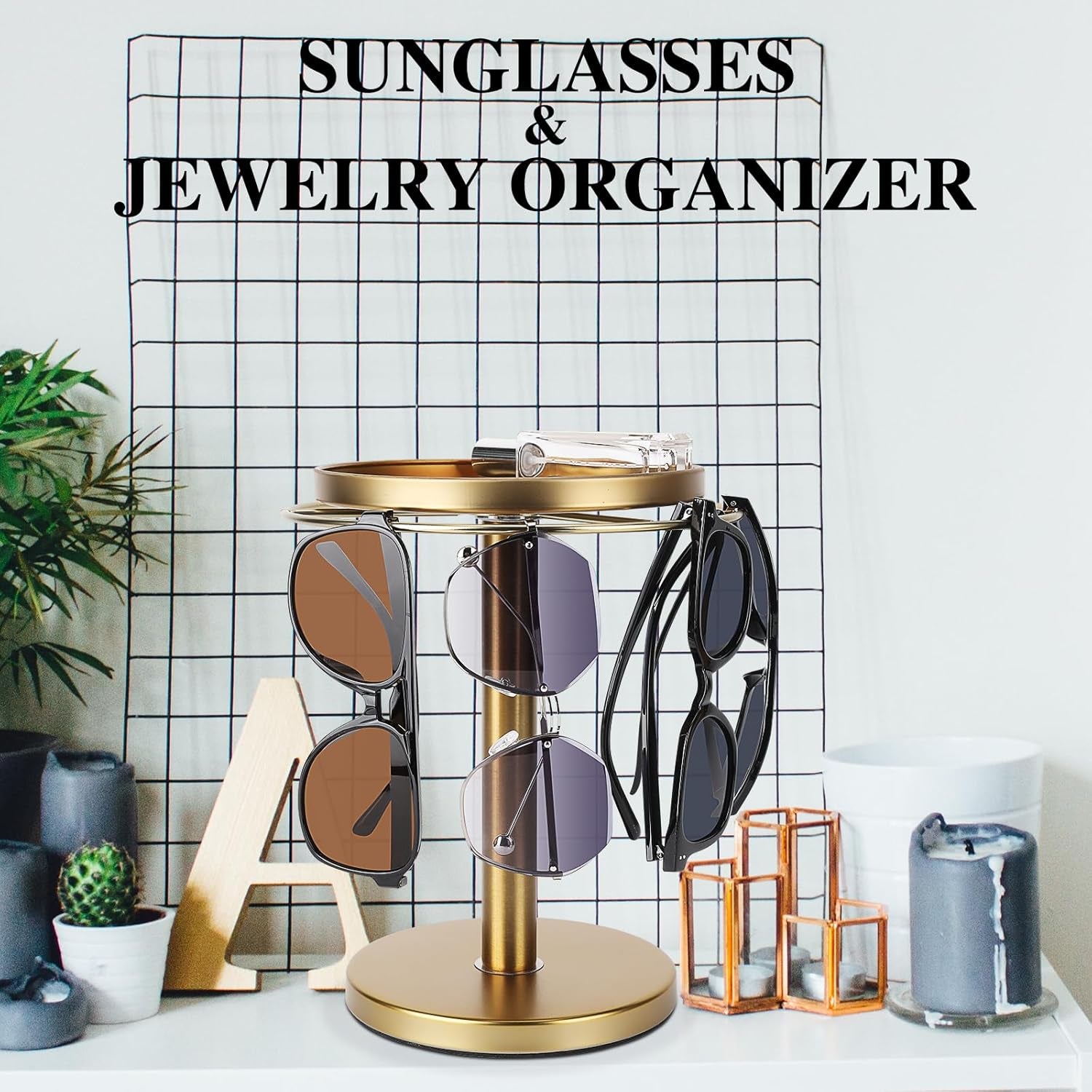 360-rotating-sunglass-organizer-storage-stainless-steel-glasses-holder-stand-glasses-organizer-with-tray-for-desk-dresser-tabletop-nightstand-and-home-decor-gold-stainless-steel-stand-with-360-rotation-holds-9-to-12-pairs-top-tray-stores-rings-and-keys-for-desk-dresser-nightstand