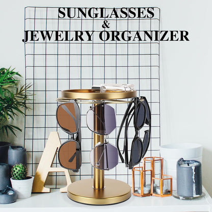 360° Rotating Sunglass Organizer Storage, Stainless Steel Glasses Holder Stand, Glasses Organizer with Tray for Desk, Dresser, Tabletop, Nightstand and Home Decor (Gold) | Stainless Steel Stand with 360 Rotation Holds 9 to 12 Pairs. Top Tray Stores Rings, and Keys for Desk, Dresser, Nightstand3