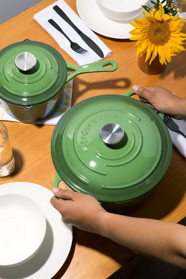 4-Piece Enameled Cast Iron Set, Oven Safe and Suitable for All Cooktops – Includes 5.7 Quart Dutch Oven Pot with Lid and 2.2 Quart Saucepan with Lid (Okra)4
