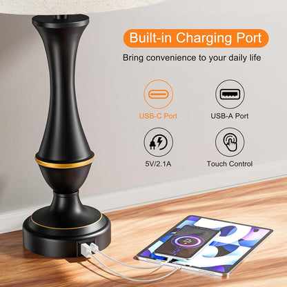 Touch Lamps for Nightstand, 3 Way Dimmable Lamps for Bedroom with USB C+A | Touch Control, USB C+A Charging Ports, Table Lamps for Living Room, Night Stands, Bedside, Bedroom, Bulb Included, Black3