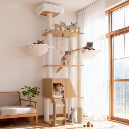 Hey-Brother Wooden Cat Tree, Furniture Tower with Large Platforms, MPJ121BT | 69.7 Inch, Modern Full Sisal Scratching Posts, Hammocks, Spacious Condo, Ladder, Brush, Water Proof Surface, White Oak1