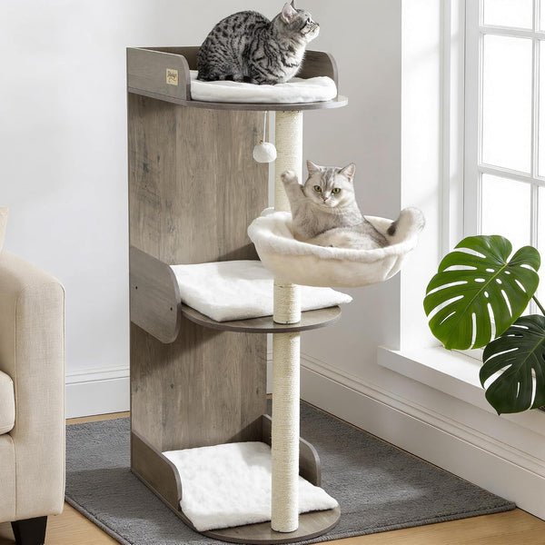 Modern Wood Cat Tree Tower for Indoor Large Adult Cats with Big Perch Bed | 33.8In Tall Wooden Cat Trees with Platform, Cat Scratching Pads, Washable Cushions, Cat Furniture for Window, Rustic Brown12