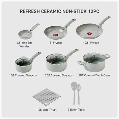Refresh Ceramic Nonstick Pots and Pans Set, 12-Piece, Moon Grey | Recycled Aluminum Body, Thermo-Spot Heat Indicator, Oven Safe to 350°F, Glass Lids Included, All Cooktops except Induction2
