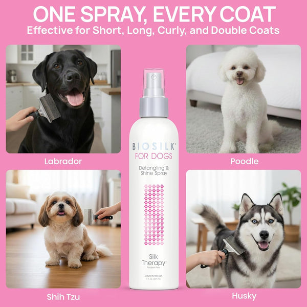 Biosilk for Dogs Silk Therapy Detangling and Shine Protecting Spray, Ph Balanced Leave-In Mist with Silk and Vitamins for Dematting, Paraben-Free, All Coats and Breeds, 8 Fl Oz | Ph-Balanced, Paraben-Free Leave-In Mist with Silk and Vitamins; Dematting Spray for All Coats and Breeds11