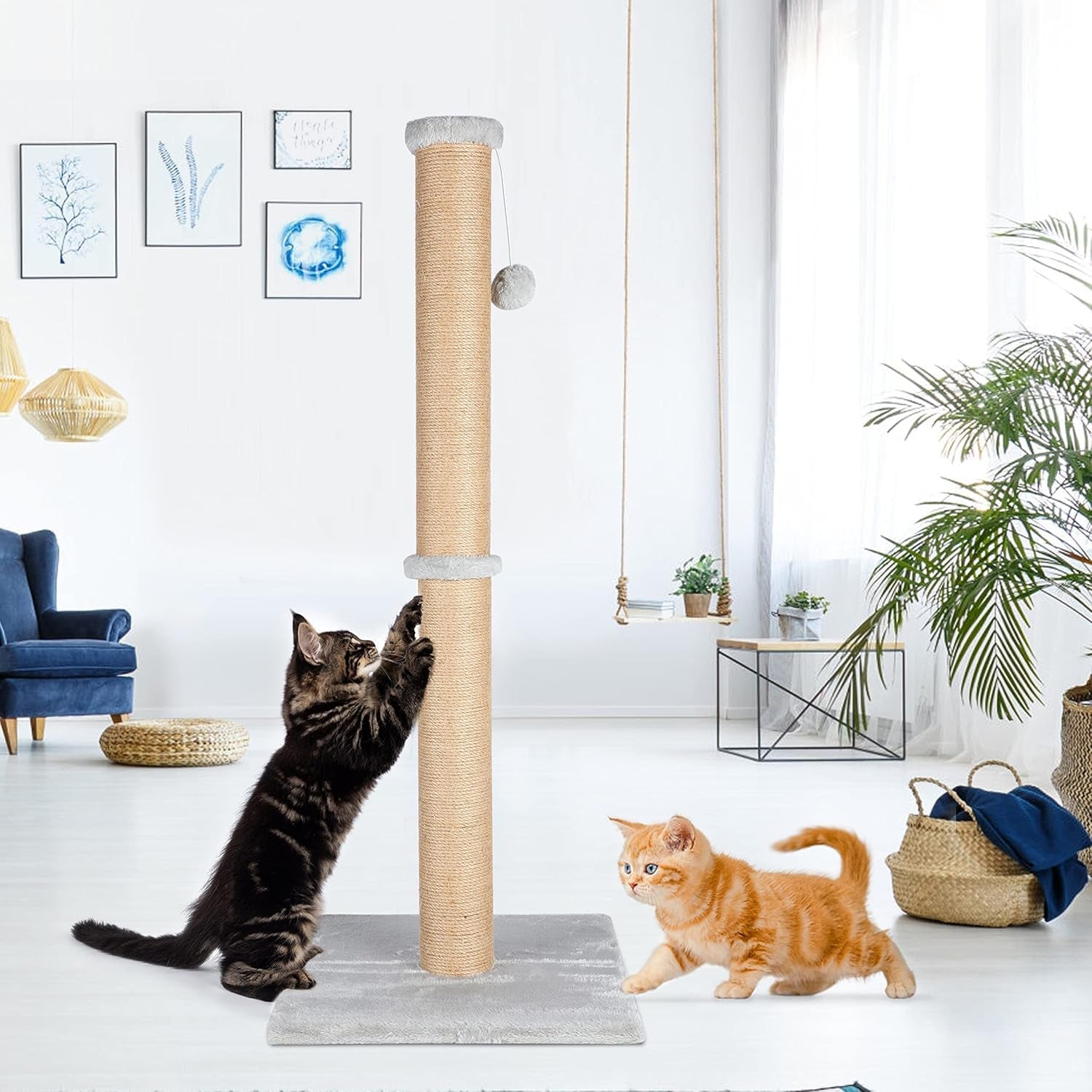 fluffydream-37-cat-scratching-post-natural-sisal-rope-scratcher-with-dangling-teaser-ball-and-covered-with-soft-plush-for-kittens-and-adult-cats-sand-color